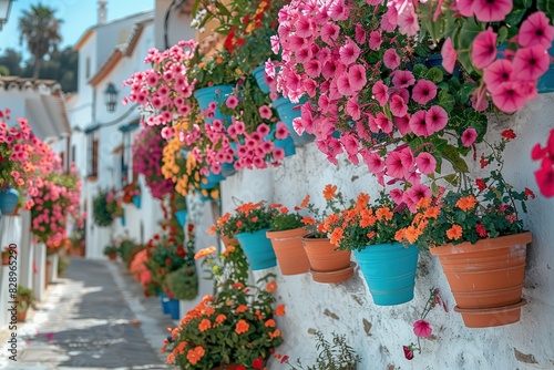 Fototapeta Naklejka Na Ścianę i Meble -  A colorful street with many potted plants and flowers
