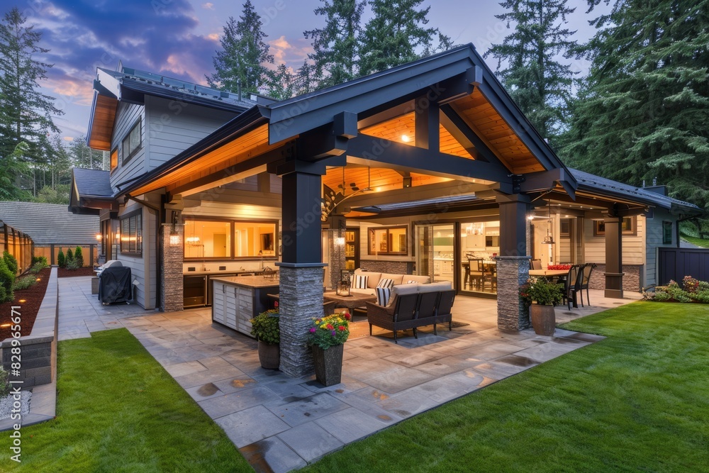 Luxury Home Outside. Modern Facades of New Home at Night with Covered Patio and Outdoor Kitchen Luxury Home Outside. Modern Facades of New Home at Night with Covered Patio and Outdoor Kitchen