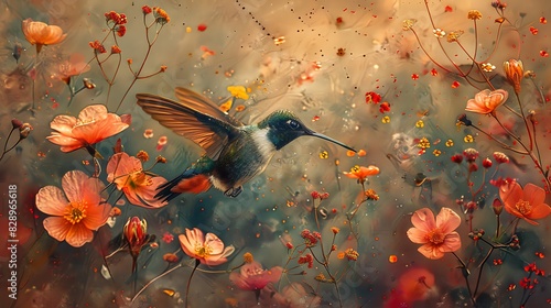 mesmerizing artwork capturing surreal beauty of hummingbird garden where iridescent avian gems flutter amidst riot of colorful blossoms depicted a dreamlike fusion of watercolor and digital artistry photo