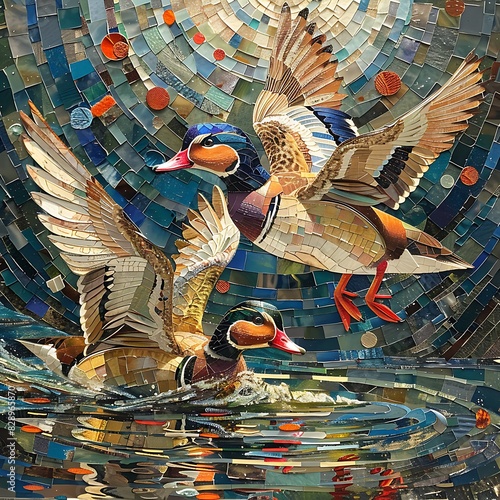mesmerizing artwork capturing the enchanting essence of a pair of Mandarin Ducks Aix galericulata gliding gracefully across a shimmering pond depicted in a captivating mixed media collage photo