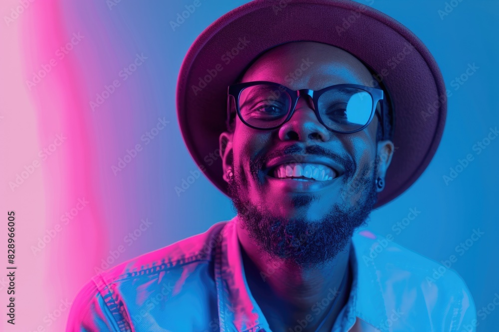 Stylish African American man smiling in neon light background. Stylish African American man smiling in neon light background.