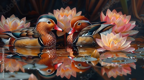 mesmerizing artwork capturing enchanting beauty of a pair of Mandarin Ducks Aix galericulata swimming gracefully amidst a tranquil lotus pond their vibrant plumage mirrored in the still waters below photo