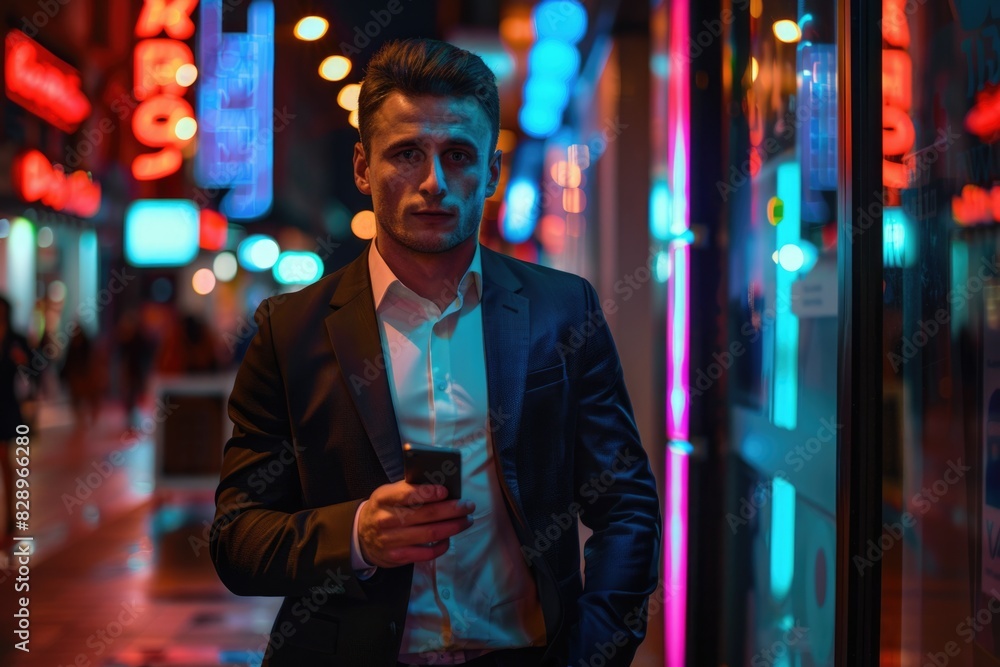 Stylish man in city using smartphone at night. Stylish man in city using smartphone at night.