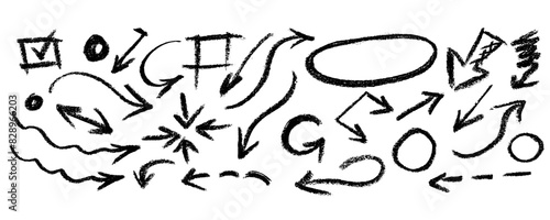 Collection of arrows. One-stroke drawing. Hand-drawn by brush. Straight, round, thick, thin, spiral signs and icons.