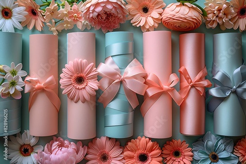 Flat lay of pastelcolored craft items including paper rolls satin ribbon BROWN card flowers vibrant pastel BROWNand BROWN background cheerful and inviting DIY and gift wrapping scene photo