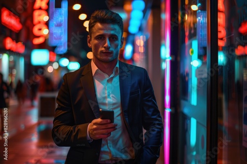 Stylish man in city using smartphone at night.