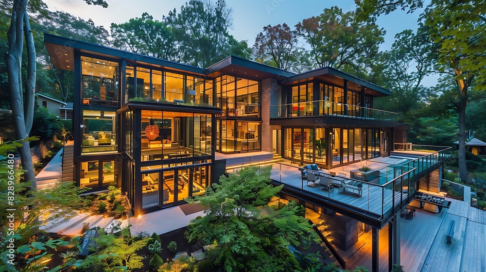 A Contemporary Woodland Cabin Retreat: Modern Architectural Design Nestled in Nature, Perfect for Relaxation and Escaping Urban Life. Serene, Minimalist, and Eco-Friendly Vacation Destination Surround A Contemporary Woodland Cabin Retreat: Modern Architectural Design Nestled in Nature, Perfect for Relaxation and Escaping Urban Life. Serene, Minimalist, and Eco-Friendly Vacation Destination Surround