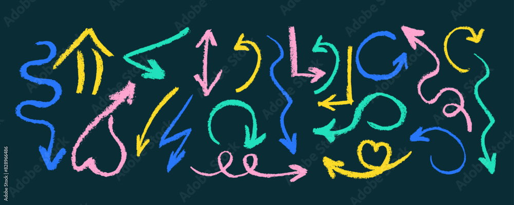 Colored charcoal arrows and doodle patterns collection. Pencil childish drawing elements. Naive playful abstract textures in doodle grunge style. Squiggles and curved arrows. Vector crayon lines. Colored charcoal arrows and doodle patterns collection. Pencil childish drawing elements. Naive playful abstract textures in doodle grunge style. Squiggles and curved arrows. Vector crayon lines.