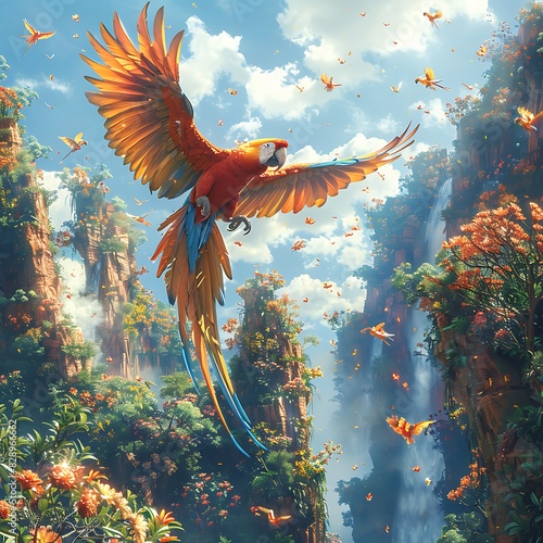 mesmerizing artwork depicting a surreal dreamscape where colorful Macaws Psittacidae soar freely amidst floating islands of vibrant blooms created with intricate digital manipulation photo