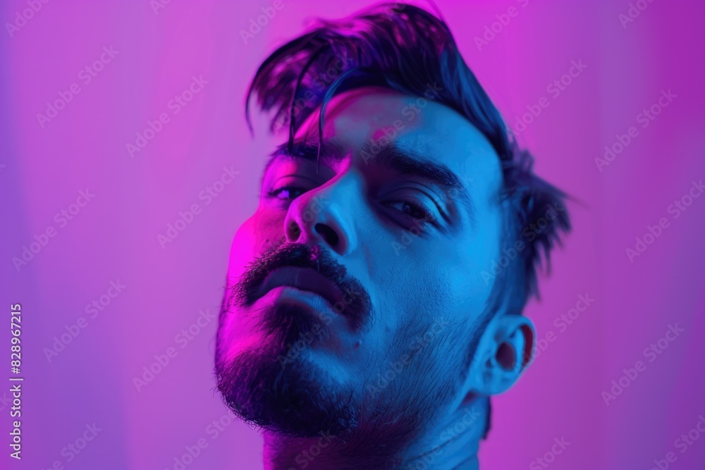 Handsome Indian man in purple neon light studio portrait Handsome Indian man in purple neon light studio portrait