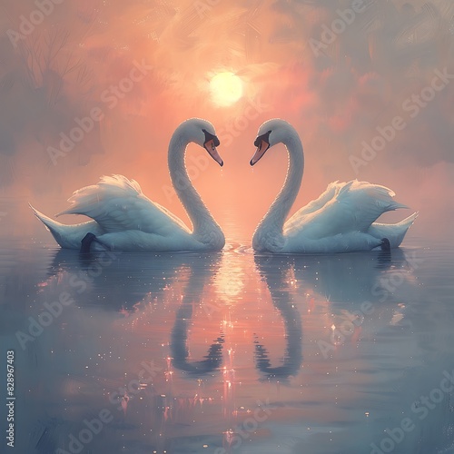mesmerizing artwork portraying a serene scene of a pair of Swans Cygnus swimming gracefully on a tranquil lake under the soft hues of twilight rendered in a captivating pastel wash technique photo