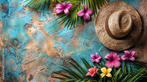 Hat and Flowers on Blue Background