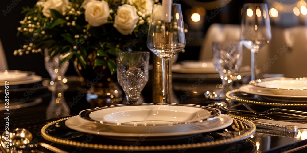 An elegant dining table set with fine china and glassware, ready for an upscale event An elegant dining table set with fine china and glassware, ready for an upscale event