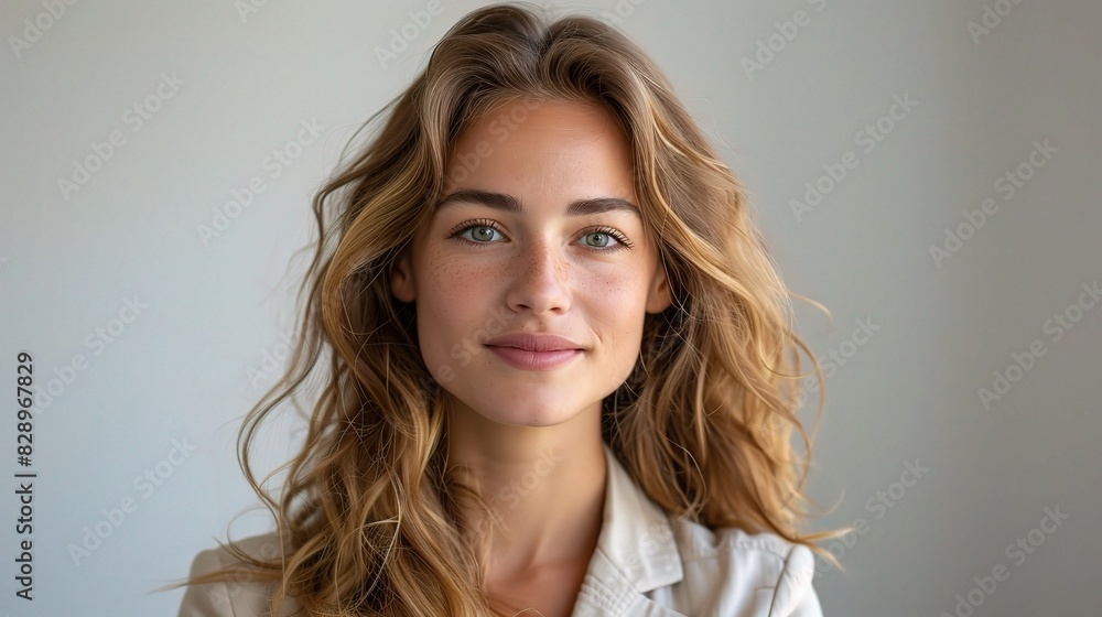 businesswoman exuding elegance and poise, her confident smile shining against the simplicity of a white background businesswoman exuding elegance and poise, her confident smile shining against the simplicity of a white background