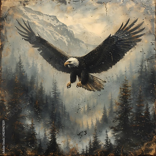 mesmerizing artwork portraying a majestic Bald Eagle Haliaeetus leucocephalus soaring gracefully over a misty mountain range created with intricate acrylic brushstrokes photo