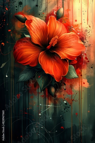 Red Flower Painting on Green Background