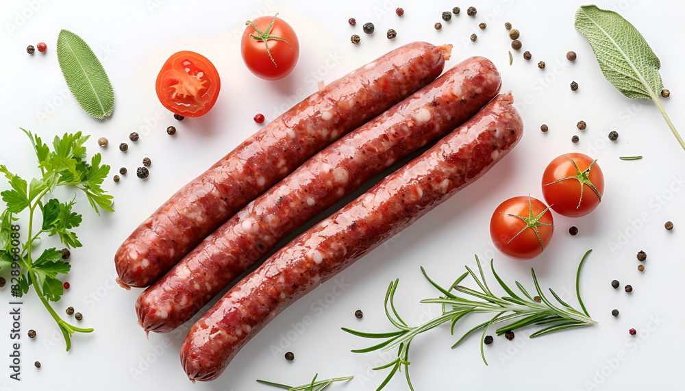 Fresh raw sausages isolated on white, top view. Ingredients for hot dogs Fresh raw sausages isolated on white, top view. Ingredients for hot dogs