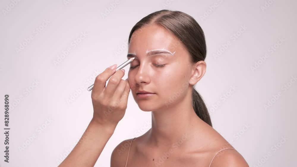 Make-up artist makes markings with white pencil for eyebrow and paints eyebrows. Professional makeup and facial care. Make-up artist makes markings with white pencil for eyebrow and paints eyebrows. Professional makeup and facial care.