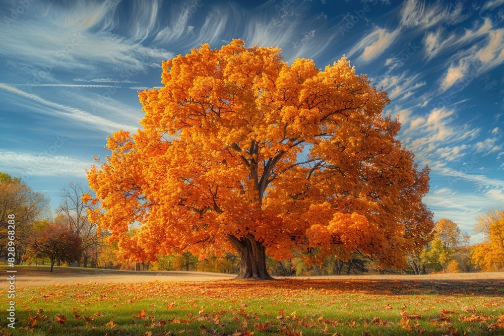 Fototapeta premium Majestic Trees. Beautiful Autumn Scenery in Nature Park with Fall Landscape