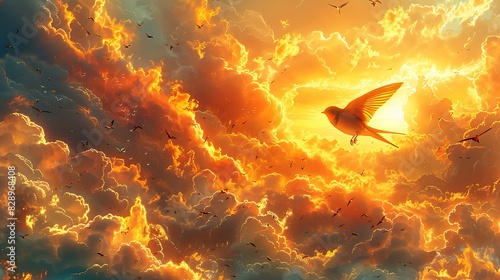 mesmerizing artwork portraying ethereal scene of pair of Swallows Hirundinidae soaring gracefully amidst billowing cloud tinged golden hue of sunset rendered captivating blend of realism impressionism photo