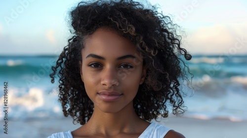 Girl with curls with a backdrop of the ocean and sandy shore