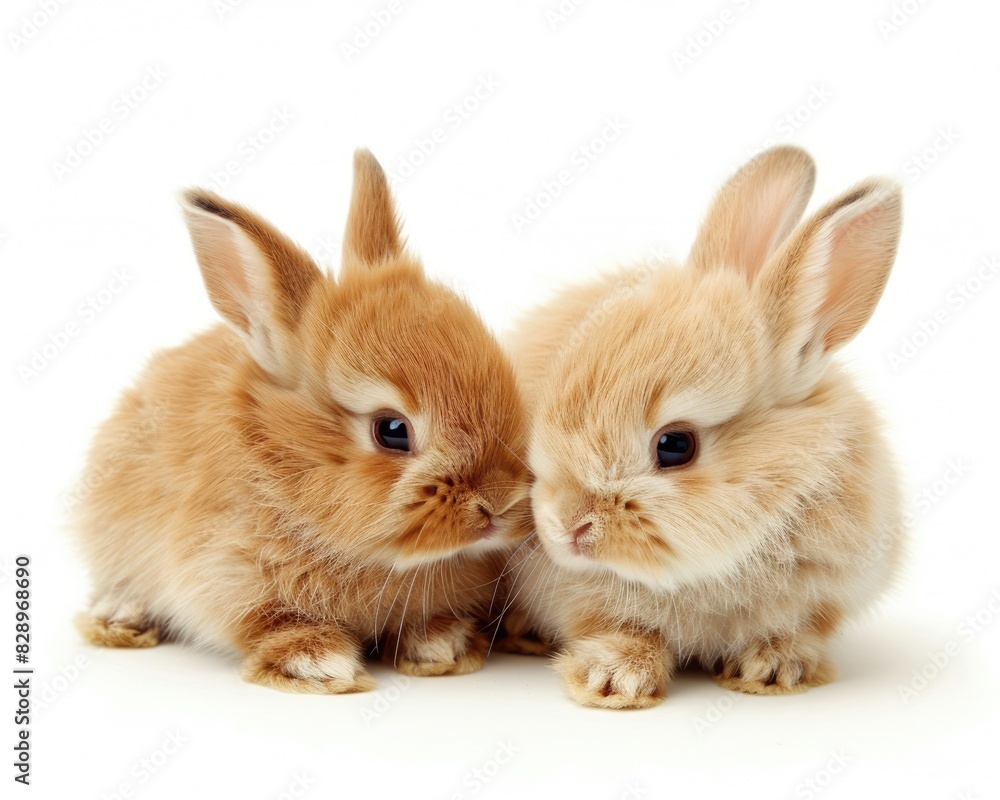 Baby Rabbits. Two Fluffy Small Red Rabbits in a White Background