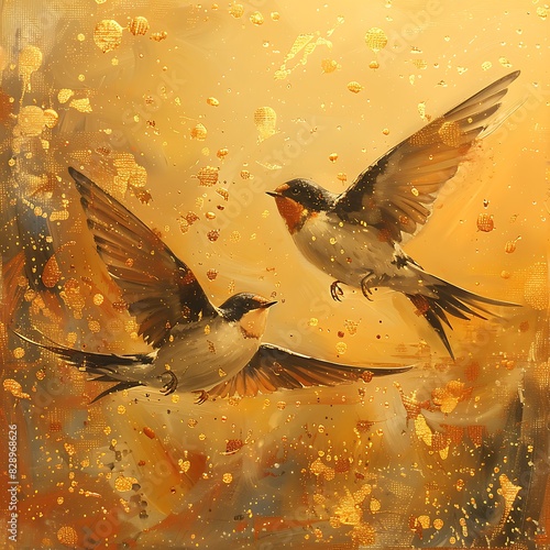 mesmerizing artwork portraying an ethereal scene of a pair of Swallows Hirundinidae dancing gracefully in the golden glow of dawn rendered in a captivating mixed media fusion of watercolor and ink photo