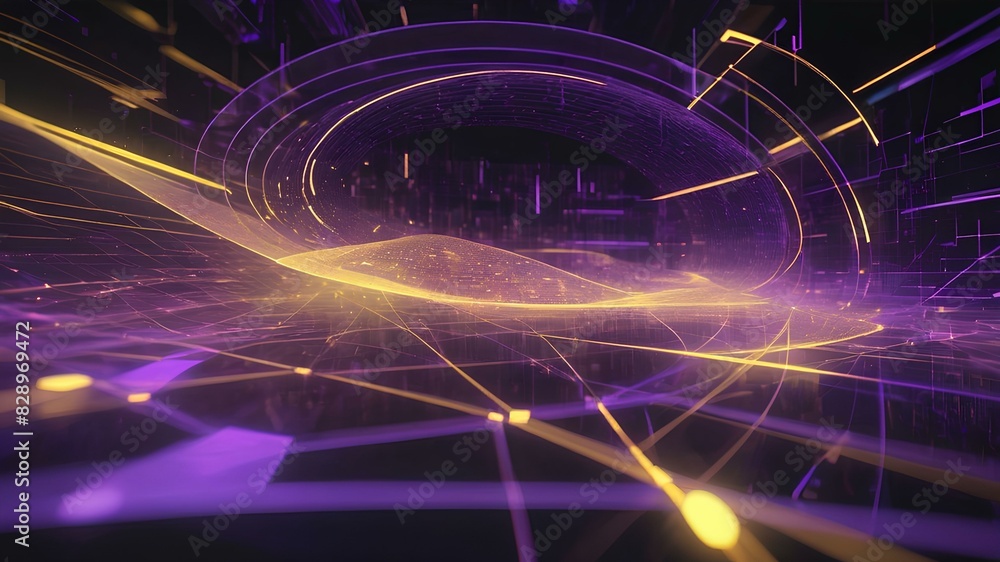 Technology concept abstract digital data flow background illustration with golden and purple lights bright foreground and dark background. Web, internet, connection etc.