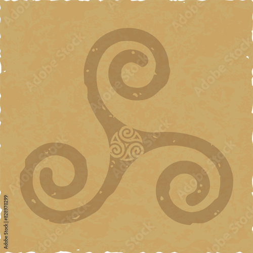 Detailed Grunge Celtic Triskele Spiral Symbol on Square Parchment