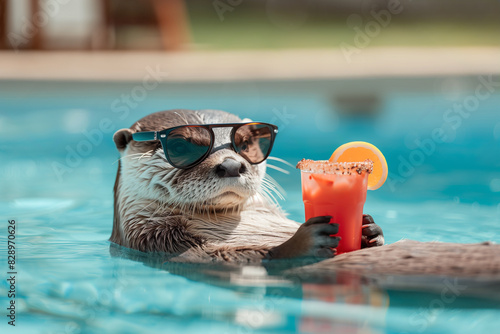 A relaxed otter wearing sunglasses and holding a tropical cocktail while lounging in a pool, capturing a fun and leisurely moment