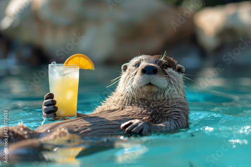 A playful otter floating and chiling on its back in a pool, holding a glass of orange juice garnished with an orange slice, with a relaxed and content expression