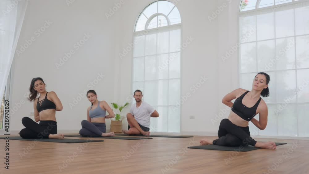 Group Yoga Class in a Bright Studio Practicing Twisting Poses Group Yoga Class in a Bright Studio Practicing Twisting Poses