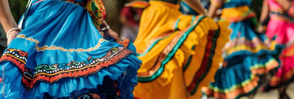 Vibrant, multi-colored traditional dance skirts in motion during a cultural festivity
