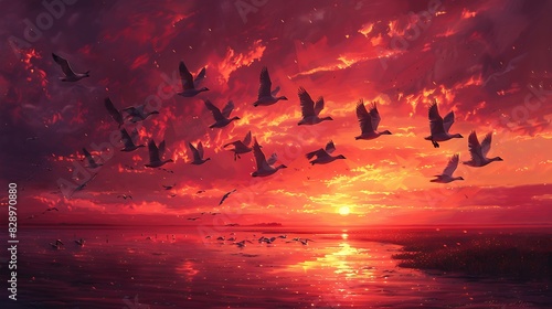mesmerizing painting of a flock of migrating Snow Geese Anser caerulescens flying across a vivid sunset sky rendered in a surrealistic style photo