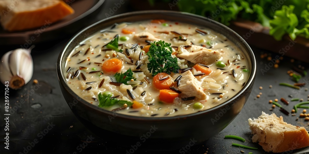 Creamy wild rice soup a Midwest staple with green vegetables and poultry. Concept Midwest Cuisine, Creamy Soup, Wild Rice Dish, Green Vegetables, Poultry Recipe