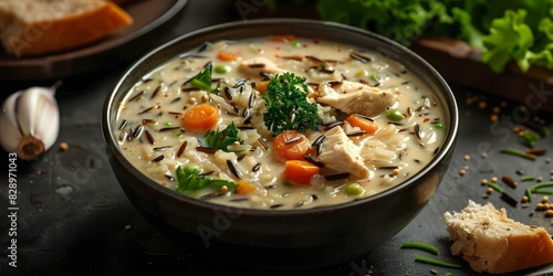 Creamy wild rice soup a Midwest staple with green vegetables and poultry. Concept Midwest Cuisine, Creamy Soup, Wild Rice Dish, Green Vegetables, Poultry Recipe