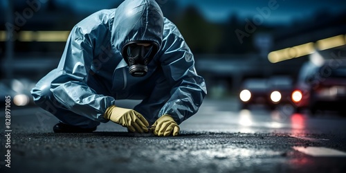 Criminologist in protective gear investigates crime scene for forensic evidence. Concept Forensic Evidence Collection, Crime Scene Investigations, Criminology Research photo