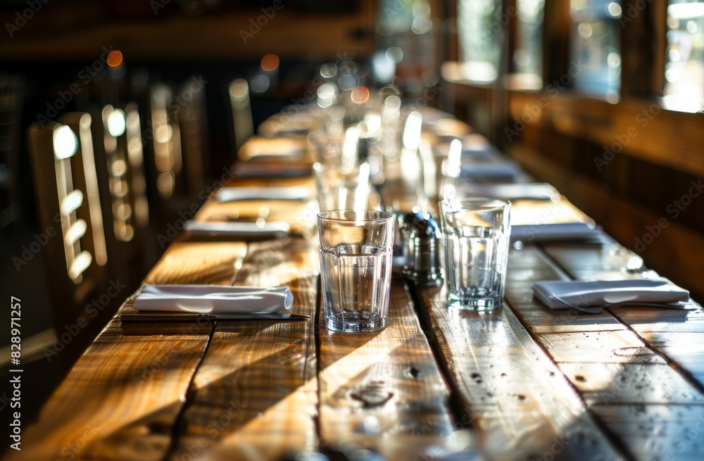custom made wallpaper toronto digitalPhotography of a long wooden table with empty glasses and napkins