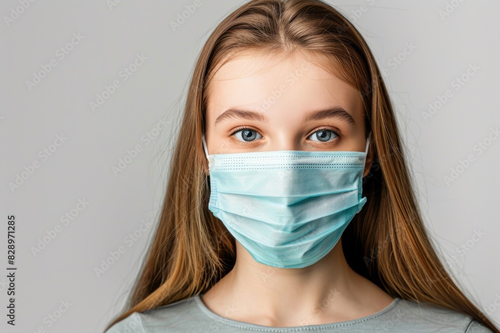 Wearing Mask Background. Young Woman in Medical Mask on White Background