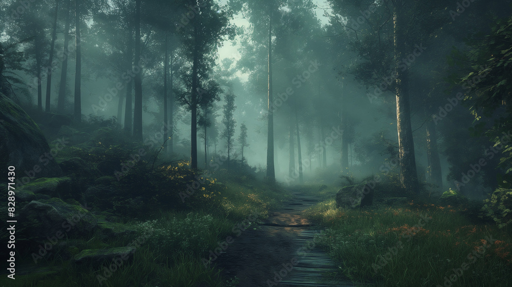 Obraz premium misty morning in the forest in nature 