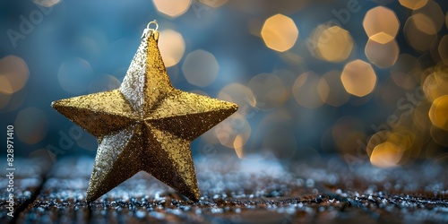 Alone, a shiny gold star decoration creates a festive Christmas atmosphere. Concept Christmas Decor, Festive Atmosphere, Gold Star, Holiday Spirit, Solo Celebration