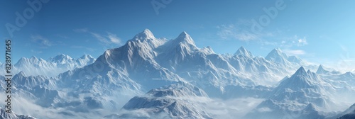 Majestic panoramic view of a snow-covered mountain range under a clear blue sky, great for adventure and exploration themes © gunzexx png and bg