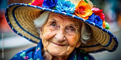 An old optimist woman in a hat with bright flowers. photo