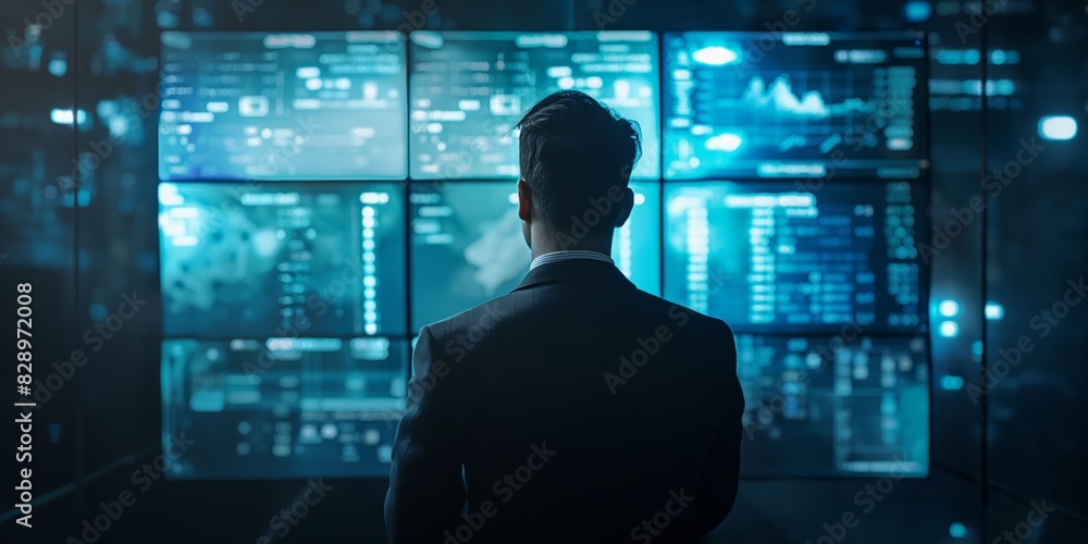 A man dressed in business attire observes a wall of glowing data screens in a modern, darkened room A man dressed in business attire observes a wall of glowing data screens in a modern, darkened room
