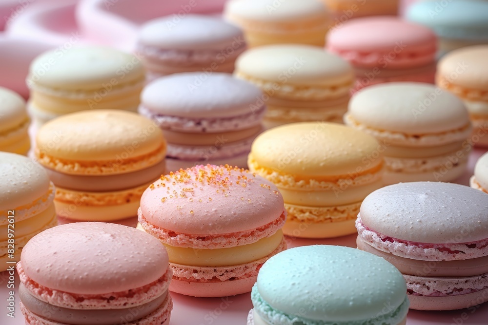 Fototapeta premium Assortment of colorful French macarons in pastel shades arranged on a pink surface.