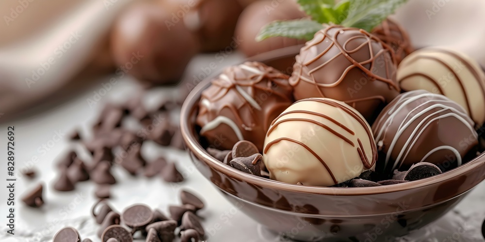 Chocolate Truffles in a Bowl Garnished with Mint Leaves and Chocolate Chips. Concept Dessert, Chocolate Truffles, Mint Leaves, Chocolate Chips, Bowl Chocolate Truffles in a Bowl Garnished with Mint Leaves and Chocolate Chips. Concept Dessert, Chocolate Truffles, Mint Leaves, Chocolate Chips, Bowl
