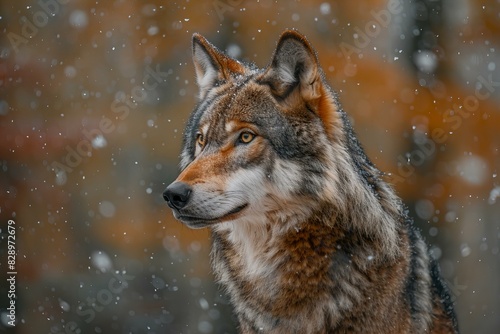 A grey wolf is looking out into the snow  high quality  high resolution