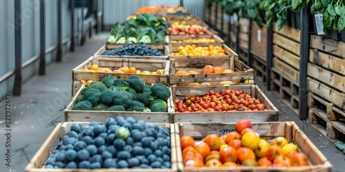 Fototapeta Naklejka Na Ścianę i Meble -  Freshly harvested organic fruits and vegetables stored in wooden crates in warehouse. Concept Fresh Produce, Organic Farming, Farm Harvest, Warehouse Storage, Wooden Crates