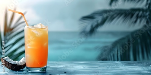 Tropical Cocktail in a Coconut Straw on an Ocean-Themed Table with Palm Tree. Concept Tropical Vibes, Beach Cocktails, Ocean Atmosphere, Tropical Drinks, Summer Refreshments
