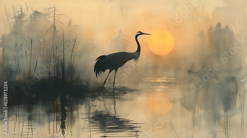 mesmerizing painting of elegant Crane Gruidae wading gracefully through misty marshland silhouette outlined against mesmerizing glow of dawn created in a captivating monochromatic ink wash technique